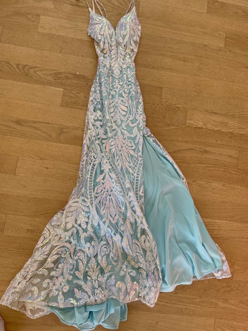 Iridescent Light Blue Sequin Lace Prom gown. Size 0